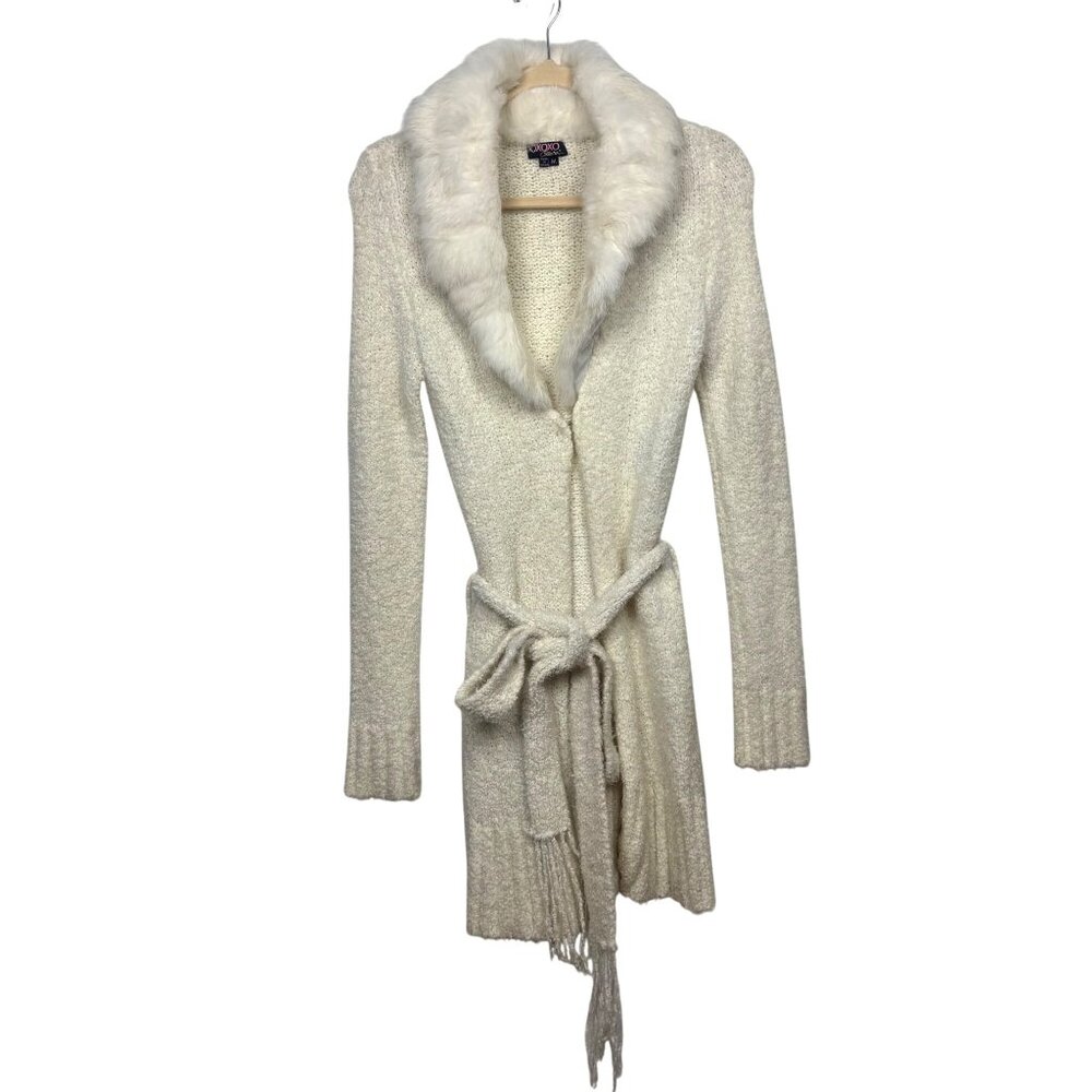 Vintage y2k Xoxo M Knit Cardigan With Rabbit Fur Collar & Belt Tie Closure